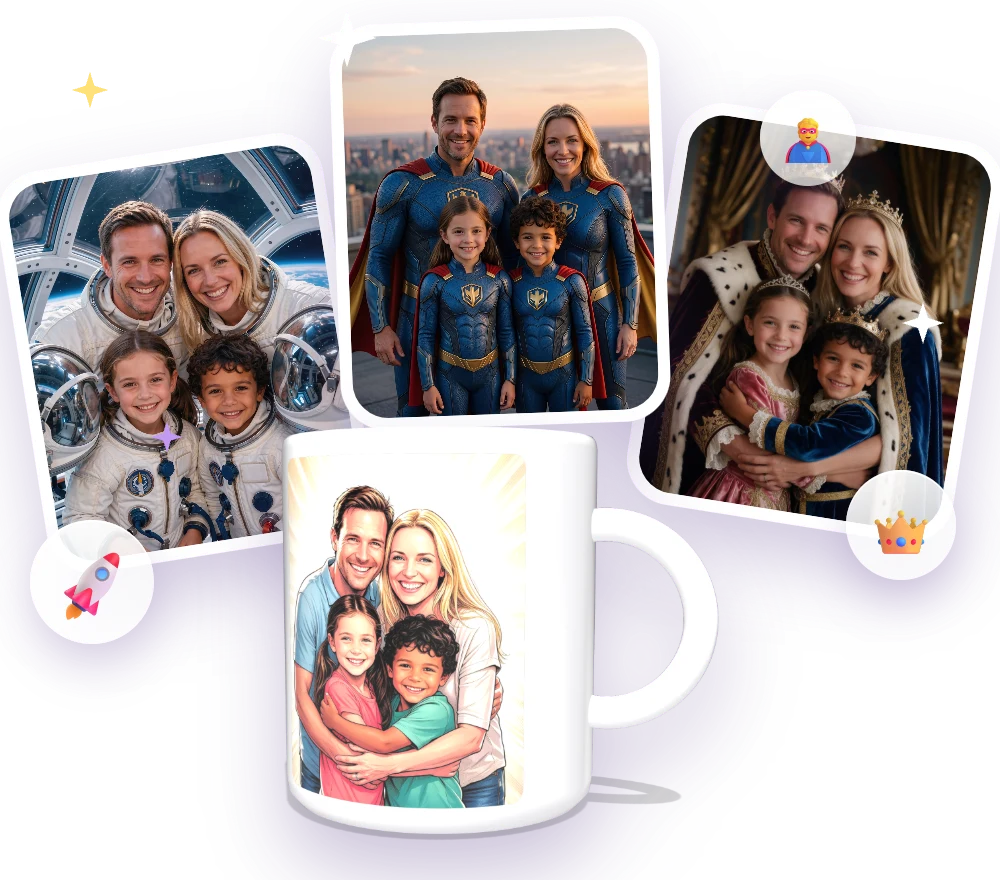 Familien-Bilder in verschiedenen Stilen und eine Tasse mit Familienfoto