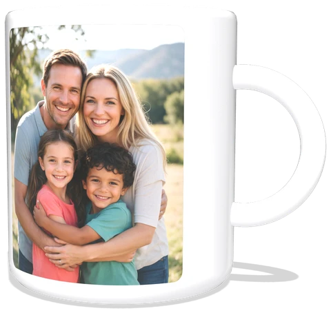 Weiße Keramiktasse mit Familienfoto